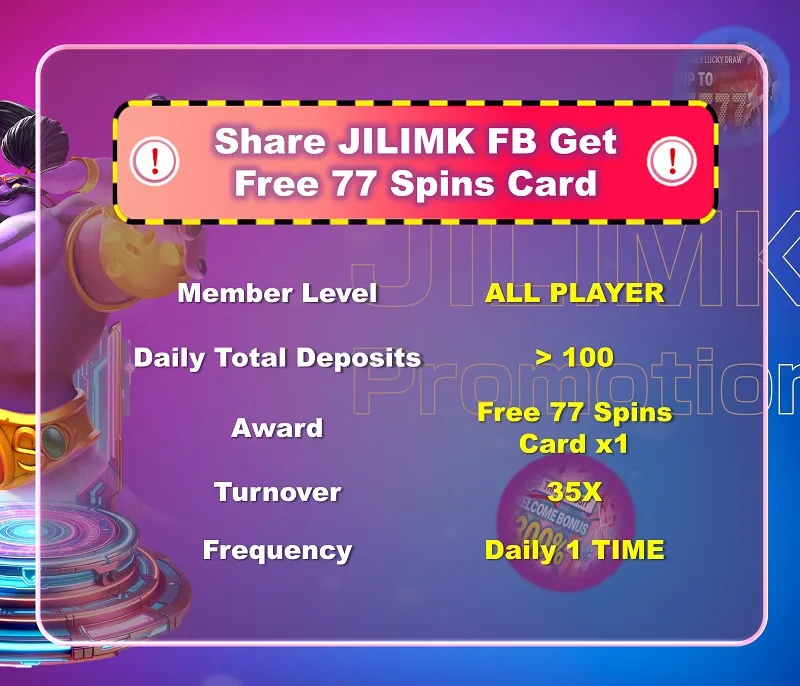 JILIMK Daily Share FB Get Free 77 Spins Cardss